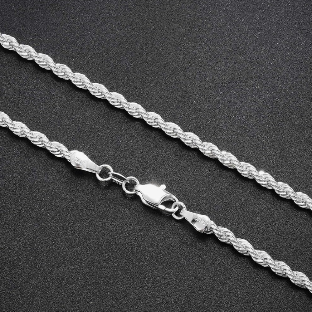 Men’s 4mm Rope Chain .925 Sterling Silver Stamped Franco Necklace Diamond-Cut - Picture 2 of 4